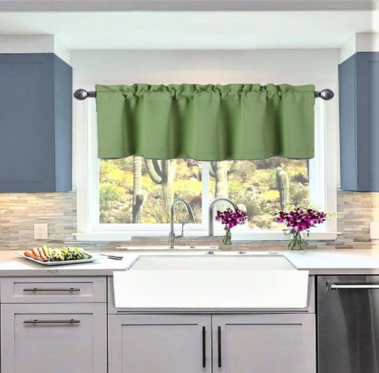 1 Kitchen valance thermal sage green solid rod pocket blackout window dressing filtering TVLO size 54 wide X 18 length