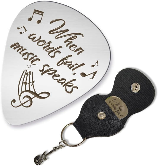 1 Pc Stainless Steel Guitar Pick When Words Fail Music Speaks Picks Plectrums with Holder Musical Theme Bass Pick Musical Gift for Musician Dad Husband Brother Son Friend Him