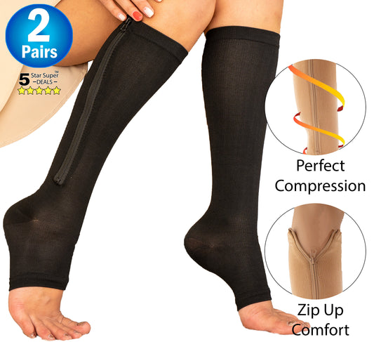 Zipper Compression Socks - Open Toe Knee High Graduated Pressure Support Hose for Improved Leg Circulation - Unisex - Black 2x-Large Size - 5 Star Super Deals (2 Pairs)